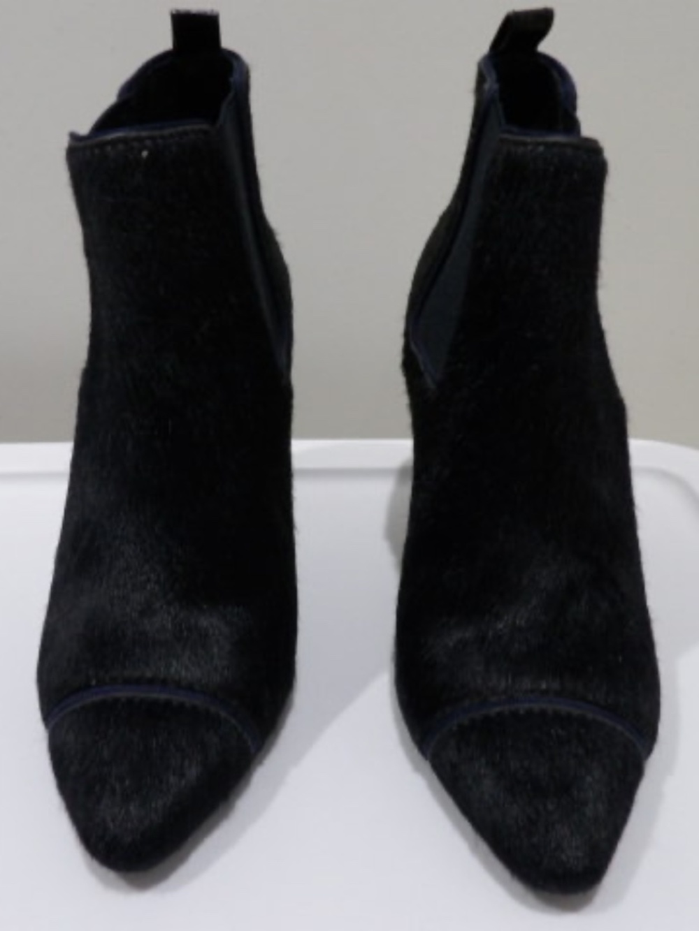 Tory Burch Navy Calf Hair Ankle Booties | Pointed Toe Heels | Size 5.5 | Worn 2x